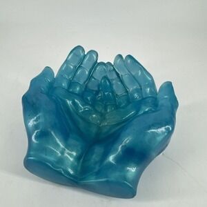 Bowl Resin Hands Blue Jewelry Holder Nightstand Gift Container Retro 6" x 5.75"